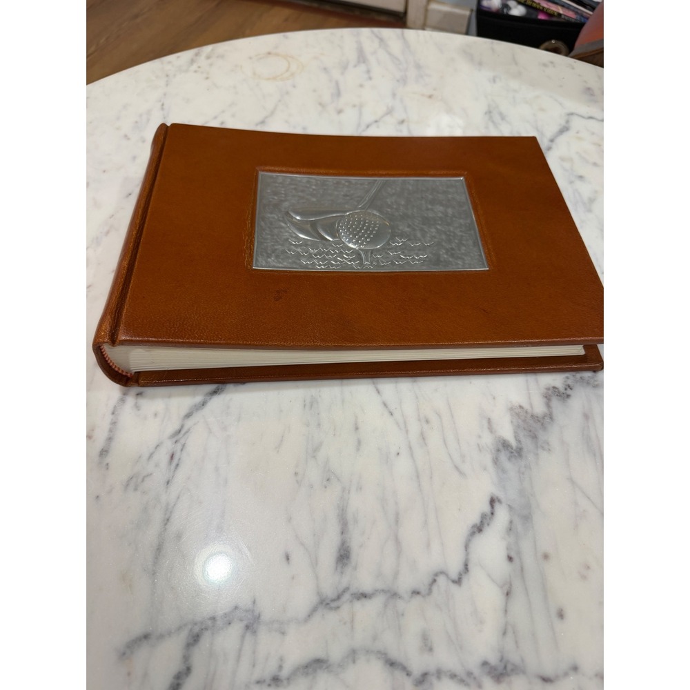 Vintage Golf Themed Brown Faux Leather Photo Album Guest Book Silver Plaque